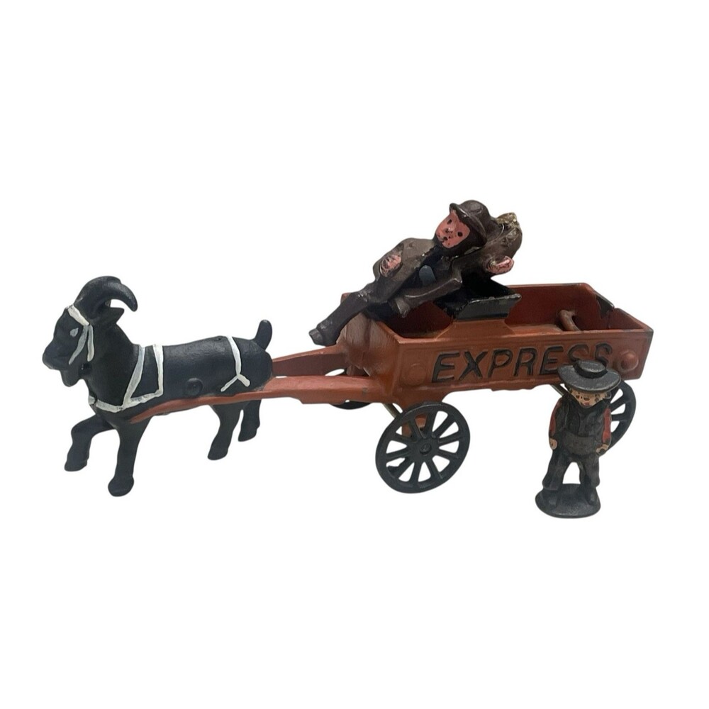 Vintage Cast Iron Goat Drawn Express Wagon Cart with Amish Figures Hand Painted